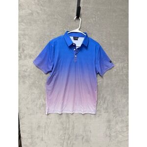 Sunday Swagger Men's M Golf Polo Shirt Blue Pink Gradient Dot Print Short Sleeve